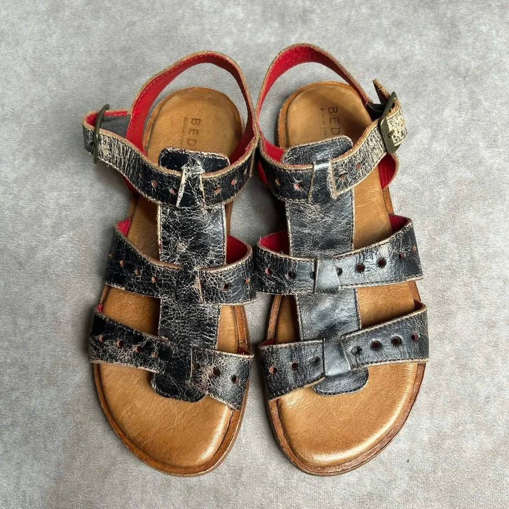 Bed Stu Sue Womens Sz 7 Distressed Black Red Leather Rustic Gladiator Sandals